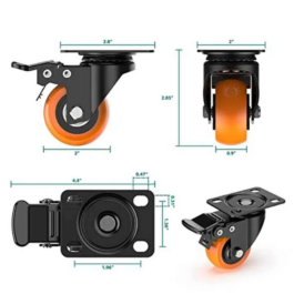4 Pc 2 inch Orange PVC Plate Castor Wheel Set with Safety Brake