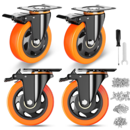 4 Pcs 4 inch Orange PVC Plate Castor Wheel Set with Safety Brake